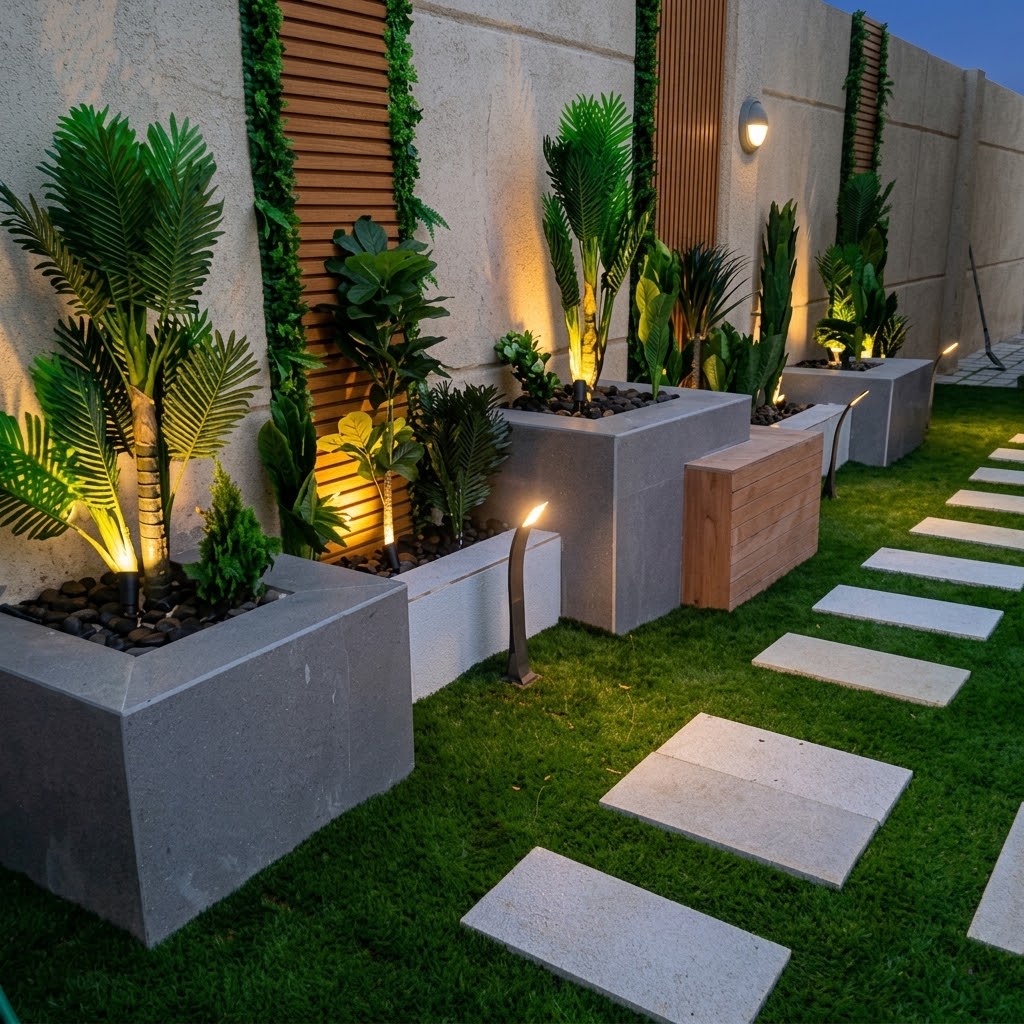 Tuin met verlichte plantenbakken